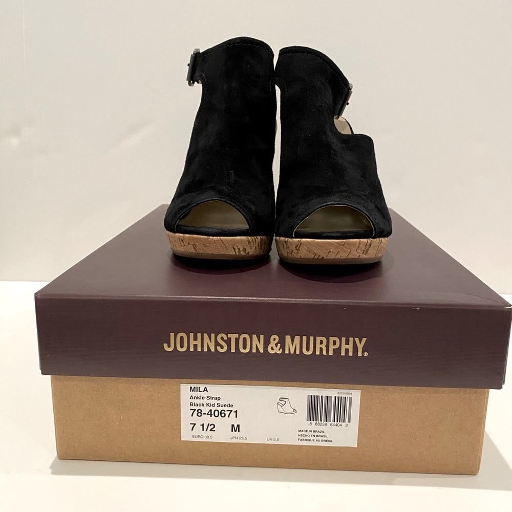 NWT Johnston & Murphy Mila Ankle Strap Black Kid Suede SZ 7 1/2 M